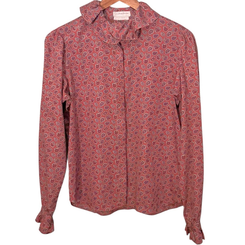 Vintage Evan Picone Lord & Taylor Button Down Paisley Ruffle Top Size 8